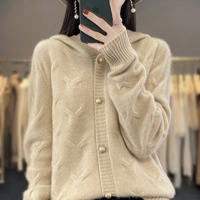 

100% Wool Cashmere Cardigan Women's Hooded Sweater Solid Color Advanced Knitted Long Sleeve Women's Wool Cardigan New 2023 Top