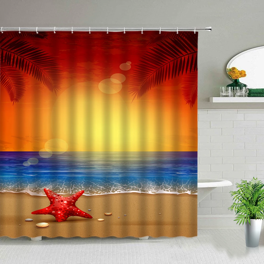 Beach Ocean And Sunset Waterproof Fabric Shower Curtain Set Bathroom 71Inch 