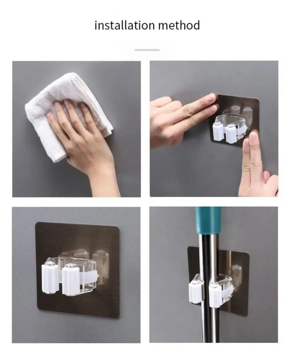 Description Picture 6 of itemMop Holder Self-adhesive Broom Stand Wall Mounted Mop Support Sweeping Brush Hook Storage Organizer Bathroom Kitchen Accessories