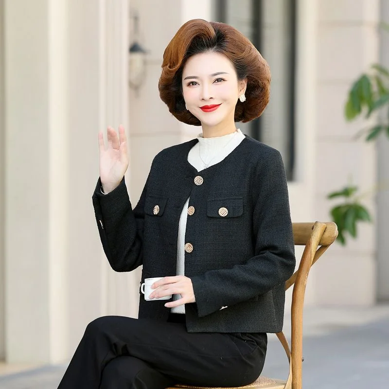 High End Small Fragrant Style for Middle-aged Elderly In 2023 Spring Autumn New  Round Neck Top Button Short Jacket Top Trend