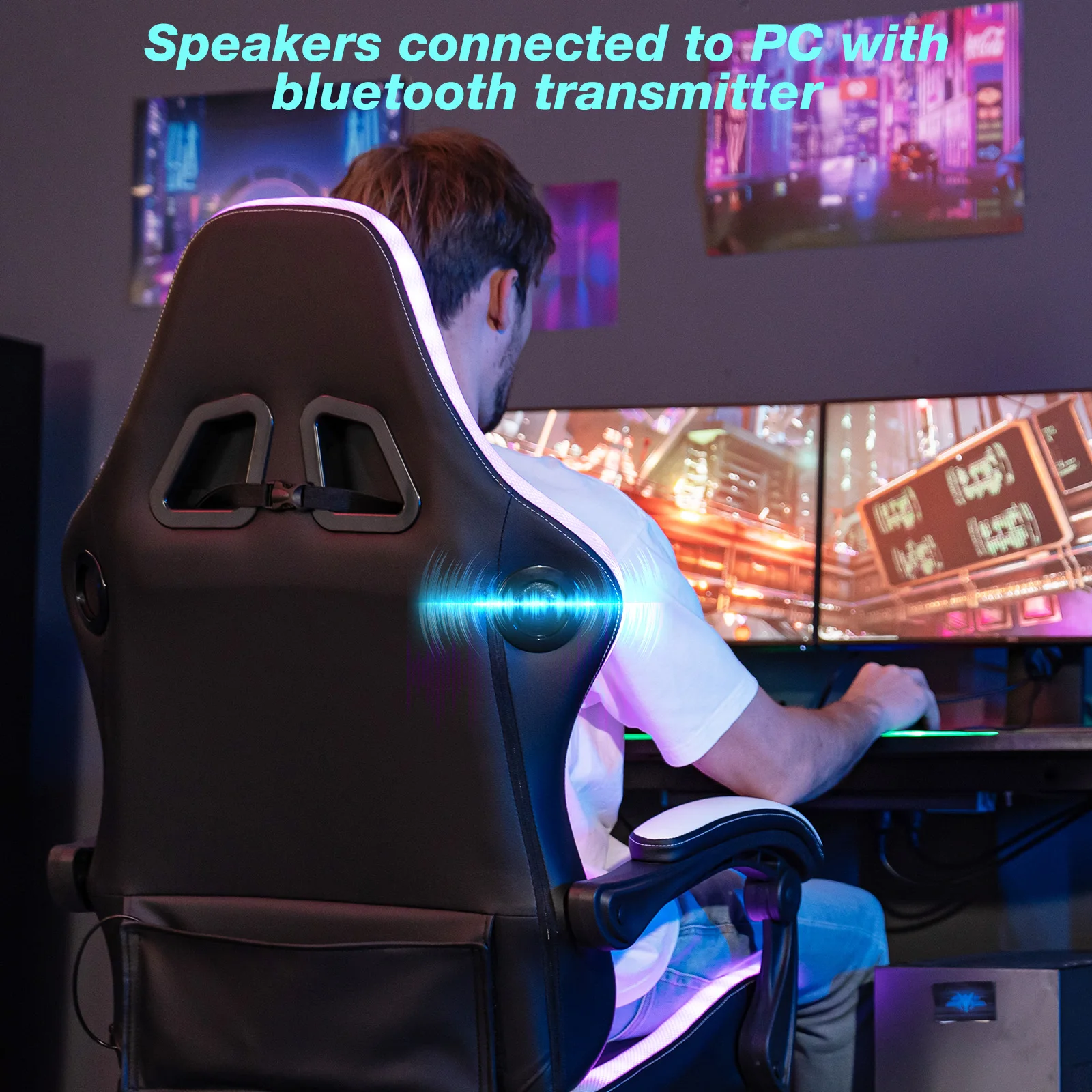 Gaming Chair Bluetooth Speaker Office Chair Ergonomic LED Lights Massage Adjustable Height Armrests Headrest Lumbar Support 4