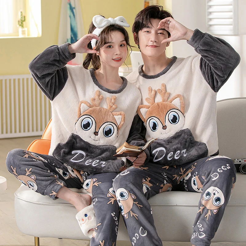 

2023 Winter Couple Long Sleeve Thick Warm Flannel Pajama Sets for Men Cute Cartoon Sleepwear Pyjamas Women Homewear Home Clothes