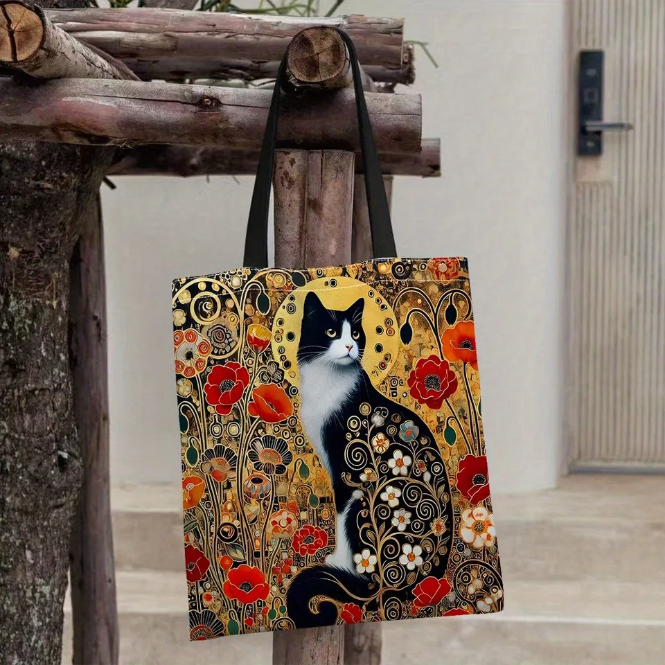 유니크한 디자인과 넉넉한 수납 공간의 꽃 검은 고양이 토트백
