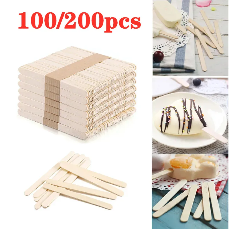 Ice Cream Sticks 100/200pcs Natural Wooden Popsicle Sticks Wood Stick Ice Cream Spoon Hand Art Cube Lollipop Cake Tools