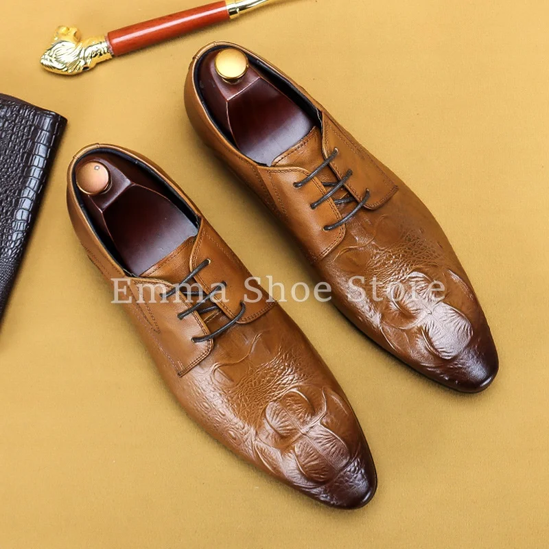 Men Spring Burgundy Crocodile Pattern Leather Shoes Korean Style Pointed Lace Up Formal Wedding Banquet