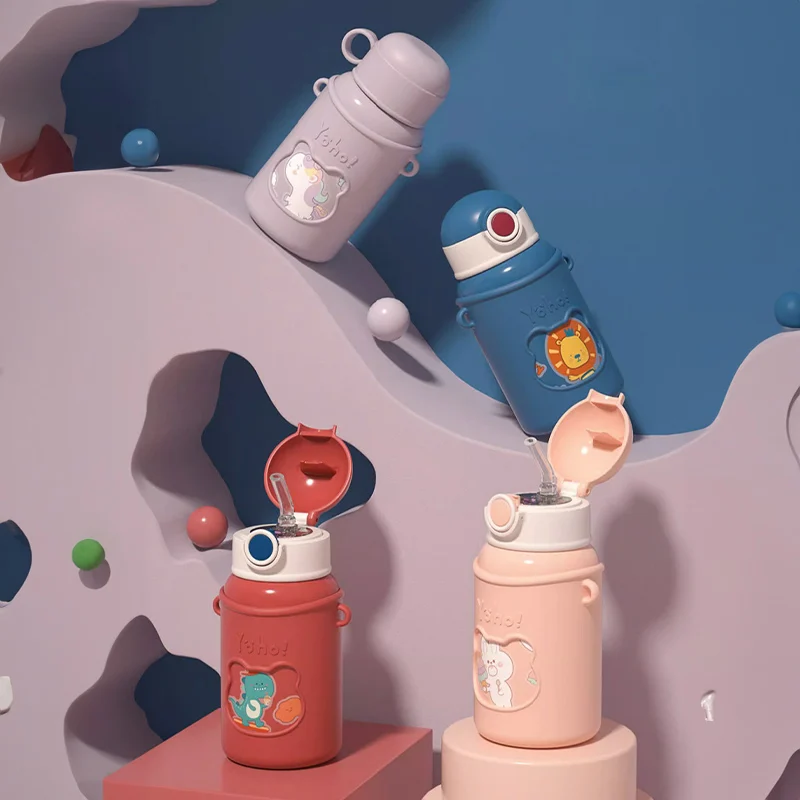 Children's Thermos Cup Cute Thickened Kettle Silicone Sleeve Portable Crossbody Cold Water Cup Stainless Steel Pot Belly