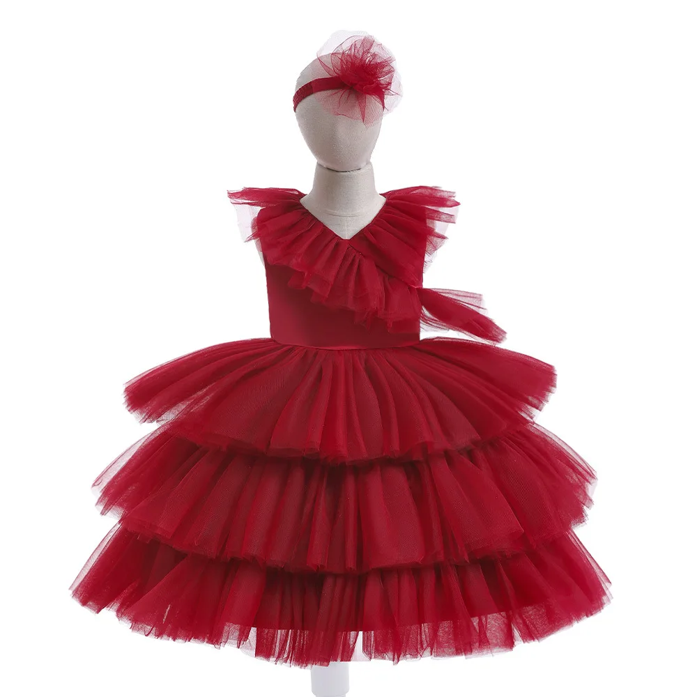 

Girls Party Dresses 4 Colors 110cm-150cm Children Layered Dress Ball Gown Birthday Wedding Christmas Red Kids Costumes