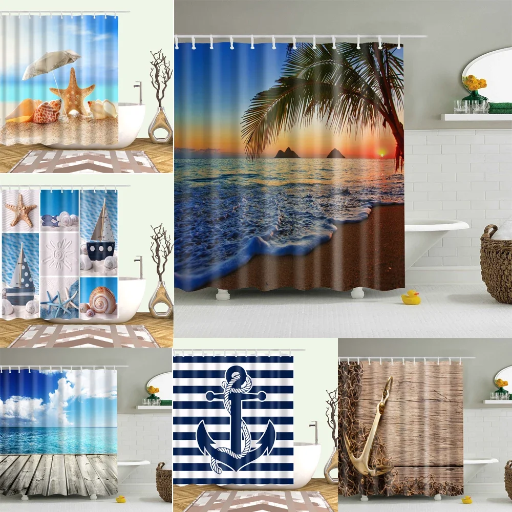 

Beach Shell Anchor Printed Shower Curtain Bathroom Screen Waterproof Bathroom Decorative Hook cortina de la ducha