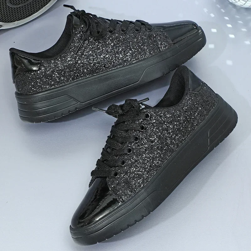 Women's Sequins Sneakers Fashion Korean Style Lace Up Flat Shoes Thick Anti-slip Couple Shoes Casual Trainers Chaussure Femmes