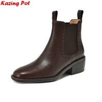 Krazing Pot Big Size 34-43 Cow Leather Round Toe High Heels Retro Modern Chelsea Boots Warm Winter Shoes Motorcycles Ankle Boots 1