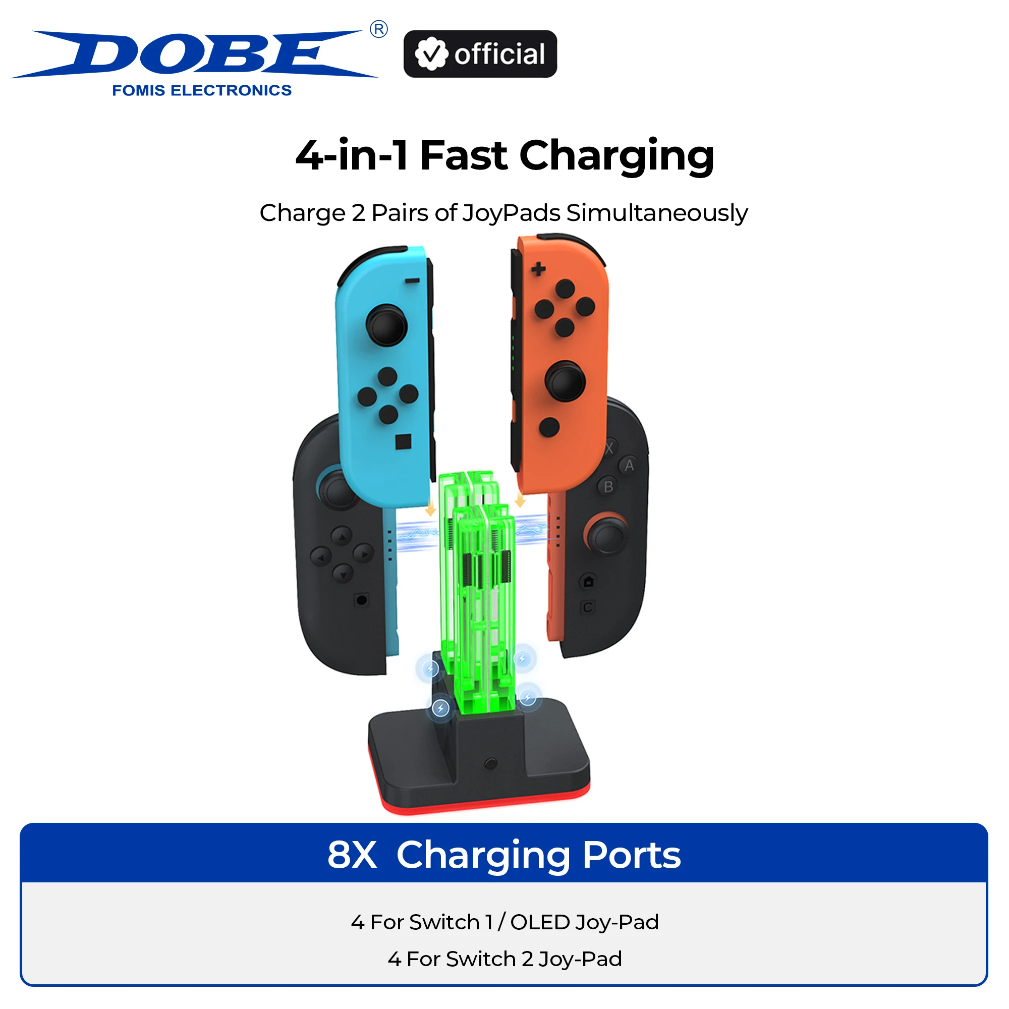 DOBE 4-in-1 스위치/OLED/스위치 2 컨트롤러용 충전 도크 | 8슬롯 데스크탑 충전기, RGB 바이브, 조이패드 지원, 차세대 지원