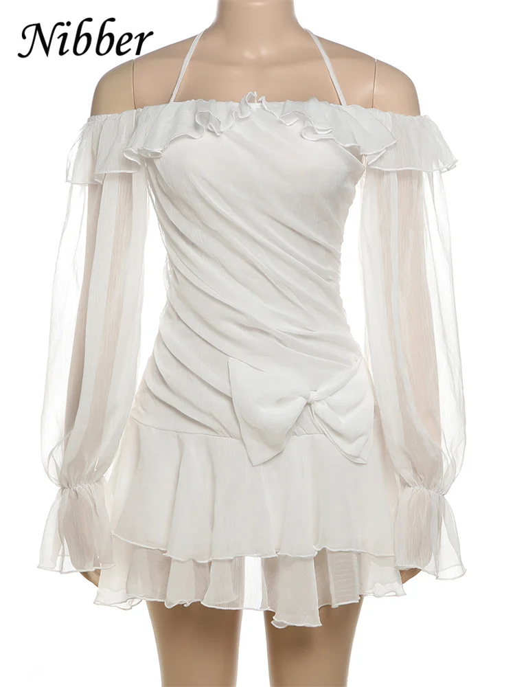 Nibber Elegant Sexy Dress Women Temperament Trend Lace-Up Ruffles Stretch Halter Mesh Flared Sleeves Pleated Hem Wedding Bodycon