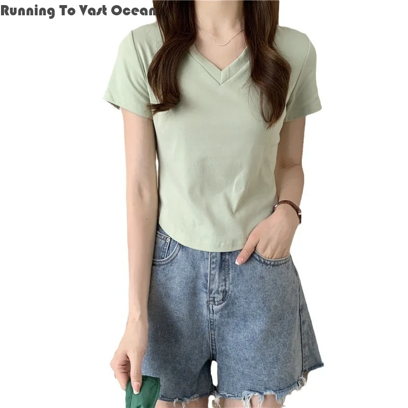 

2024 Women's T-shirt Top V-neck Shoulder Length Short Sleeved T-shirt Women's Slim Fit Solid Color Irregular Basic Casual Style