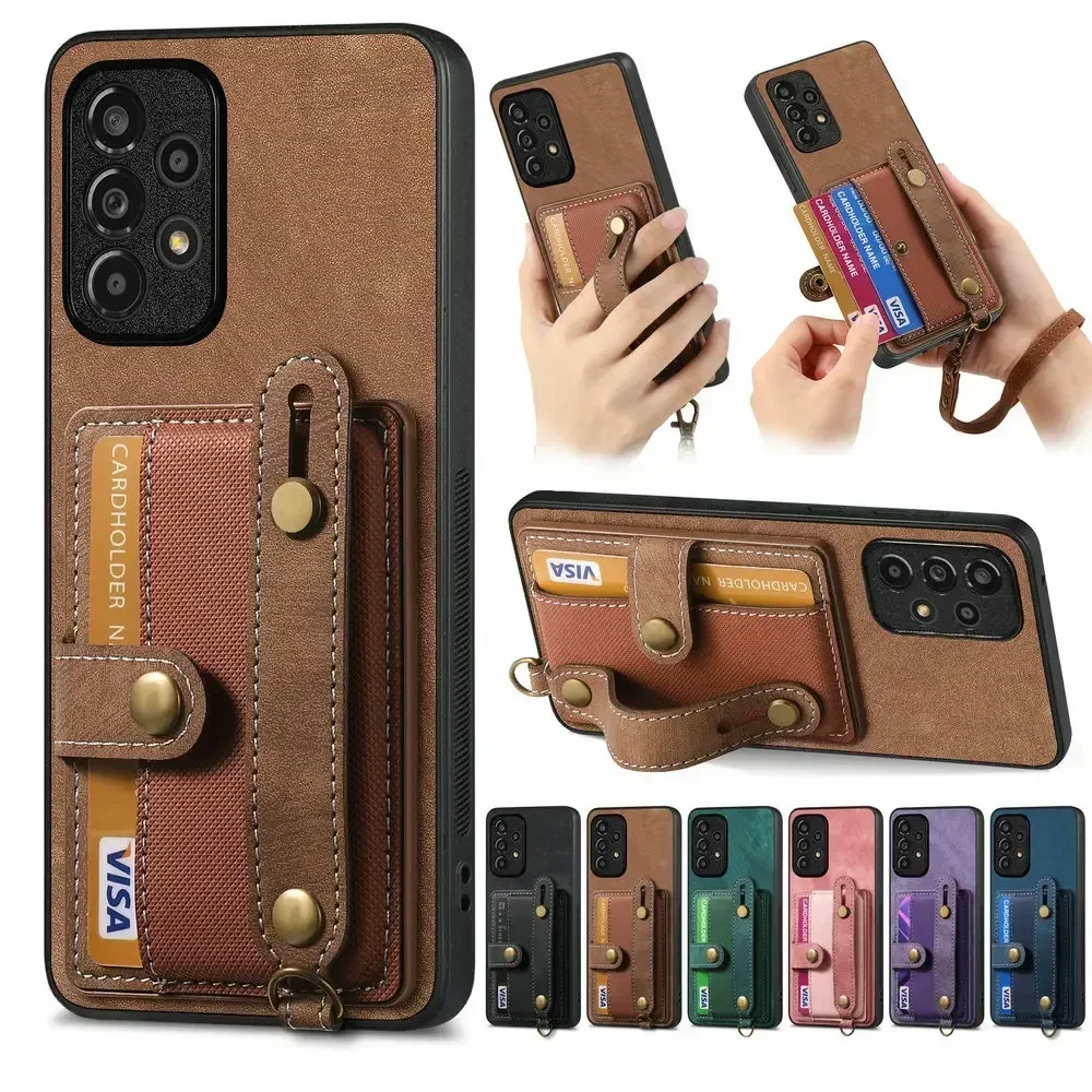 

Wristband Leather Card Wallet Case for OPPO A38 A57 A17 A58 A57s A77 S A54 A94 A16 A18 A79 A72 A52 A9 A74 A78 A98 5G Back Cover