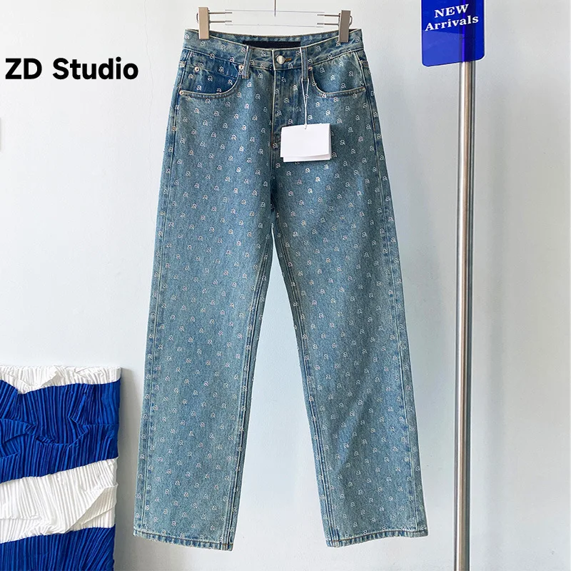 

[ZD Studio] New High Autumn Winter New Flash Diamond High Waist Slim Drop Feel Jeans Girl Summer Spring 2023