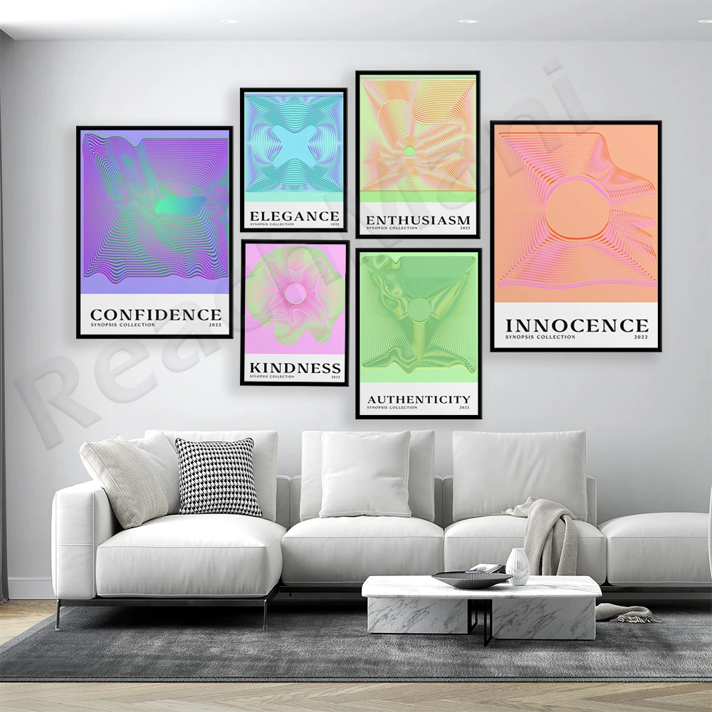 

Kindness, determination, confidence, elegant mid-century modern print, geometric twisted wave spin aesthetic colorful poster