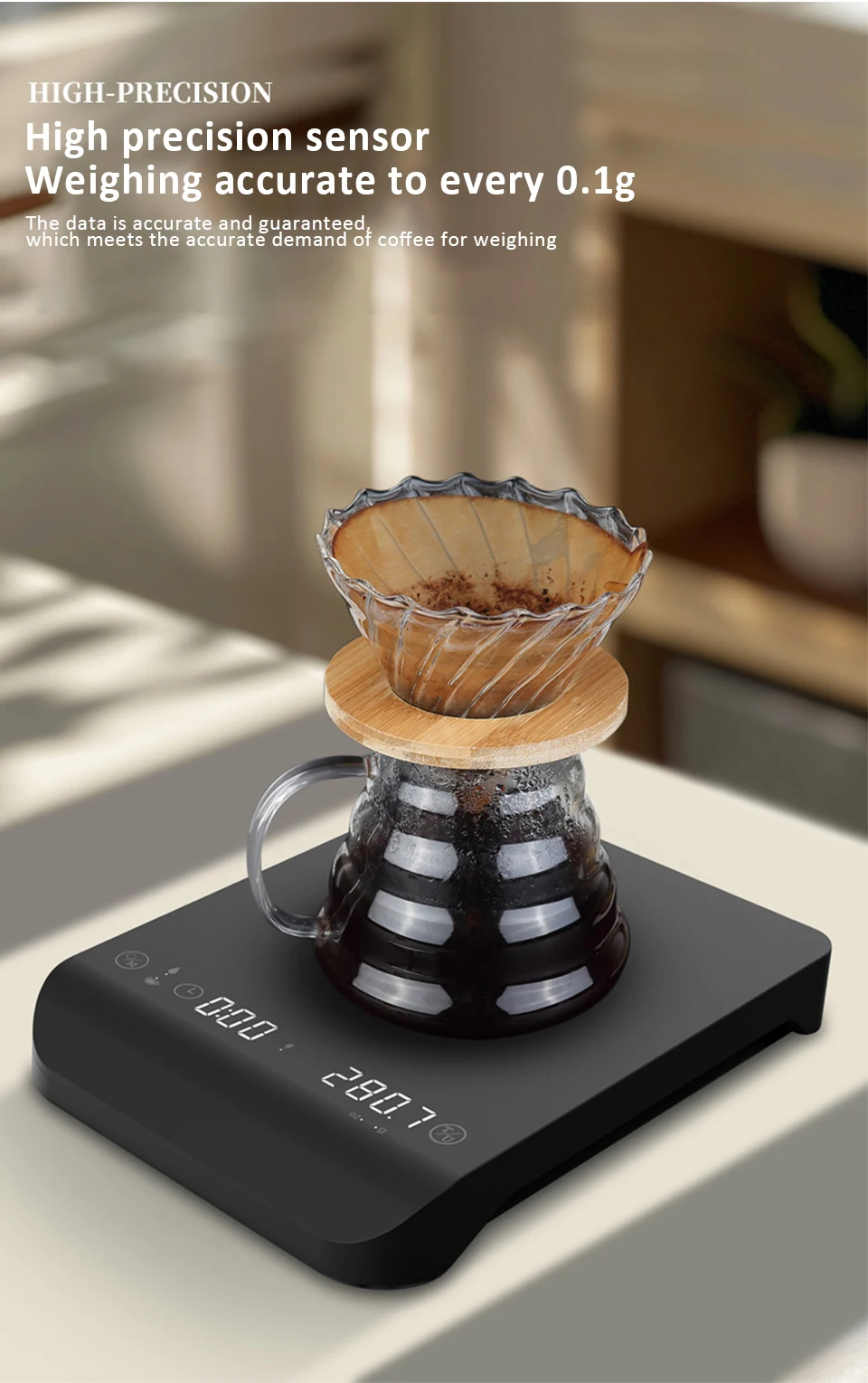 LED Digital Coffee Scale with Timer 4 Modes Rechargeable Kitchen Scale Multifunctional Weighing Scale with High Precision Sensor