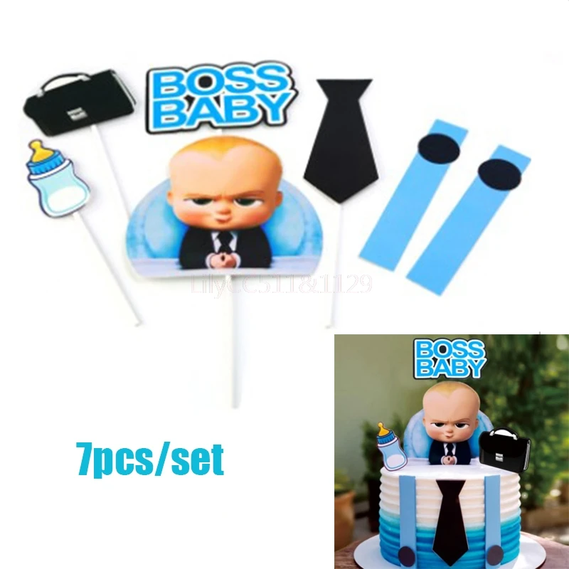 7Pcs/Set Boss Baby Suit Milk Bottle Series Cake Toppers Happy Birthday Cupcake Flag Party Baking Decoration