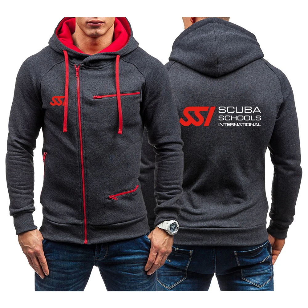 

Men Spring Autumn Casual Solid Zipper Long Sleeve Scuba Diving Dive SSI Printing Hoodie Sweatshirt Top Outwear Hooded Sweatshirt