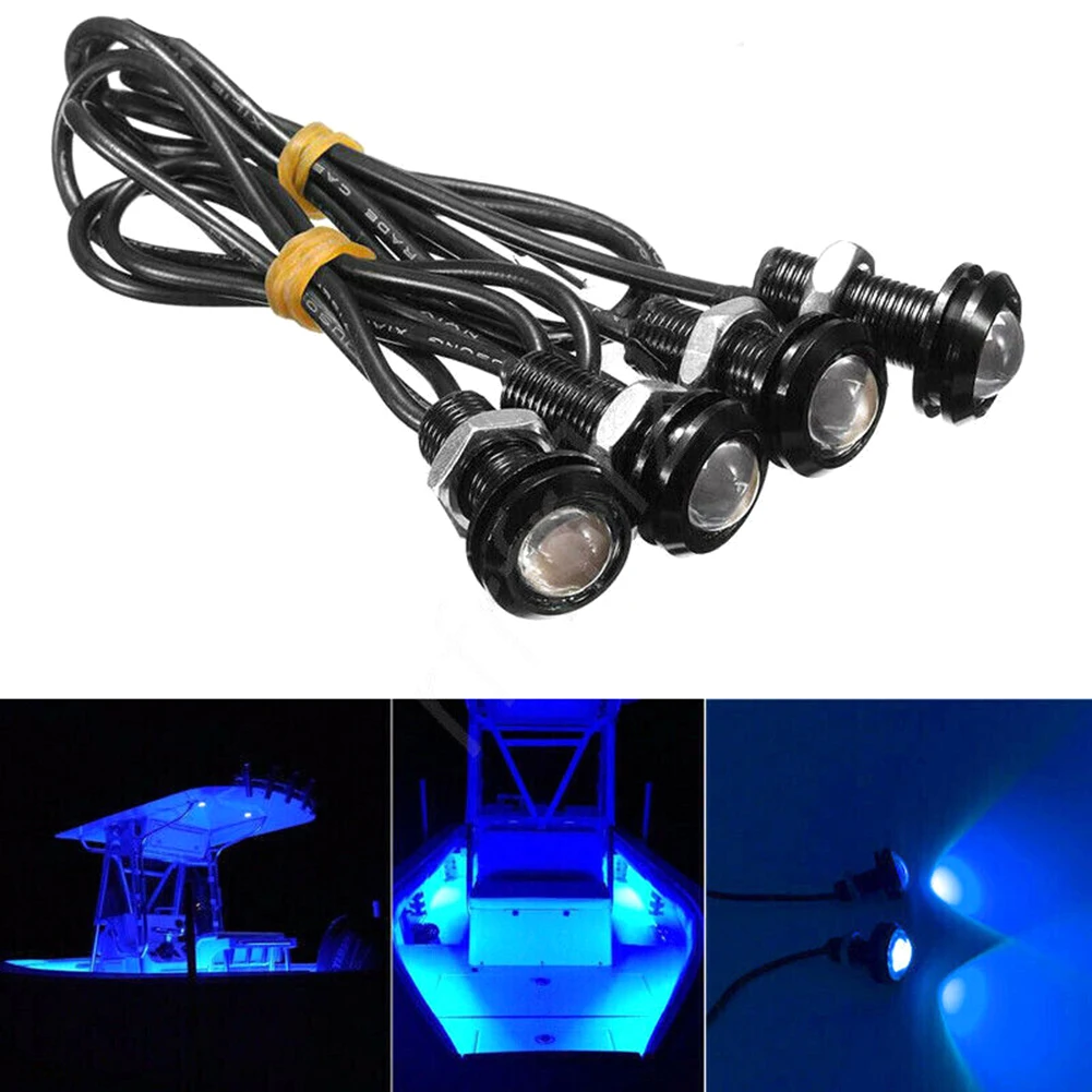 4Pcs 12V Marine Boat Transom LED Stern Light Round LED Tail Lamp Silver Waterproof Underwater Runner Side Marker Lights Blue