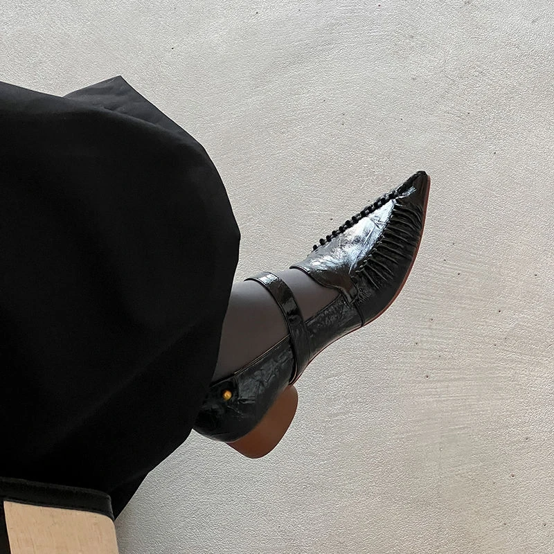 NEW Spring/Autumn Women Pumps Genuine Leather Shoes for Women Pointed Toe Chunky Heel Shoes Buckle Strap Handmade Pleated Shoes 6