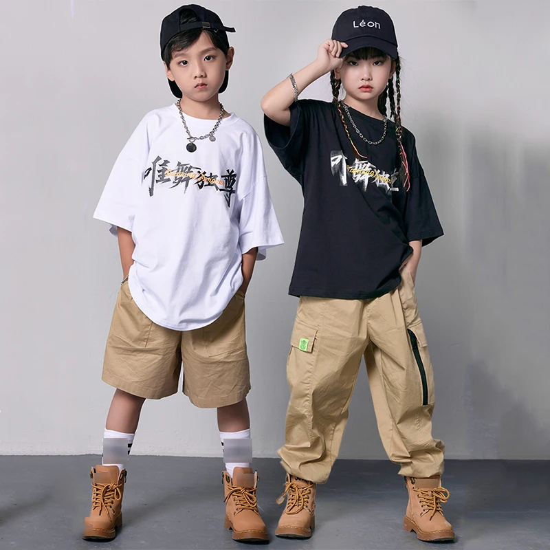 

Kids Street Dance Clothes Hip Hop Costume Loose T Shirt Khaki Pants Girls Boys Ballroom Jazz Practice Wear Rave Outfit BL8895