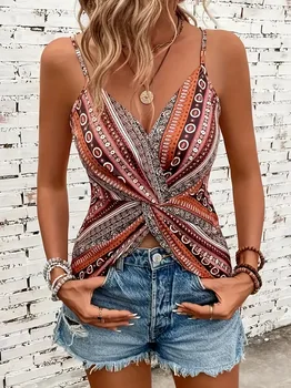 Women's sexy V-neck chain printed front twisted back camisole top, made of polyester fabric with spaghetti pattern 1