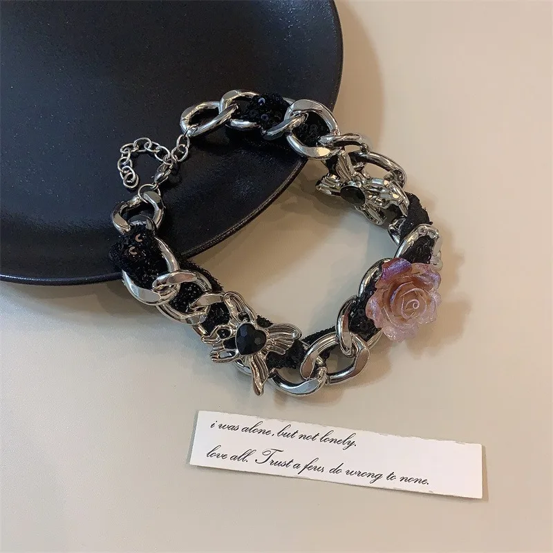 Y2K Purple Crystal Flower Pendant Necklace For Women Stainless Steel Punk Choker Clavicle Chain Aesthetic Necklace Jewelry Gift