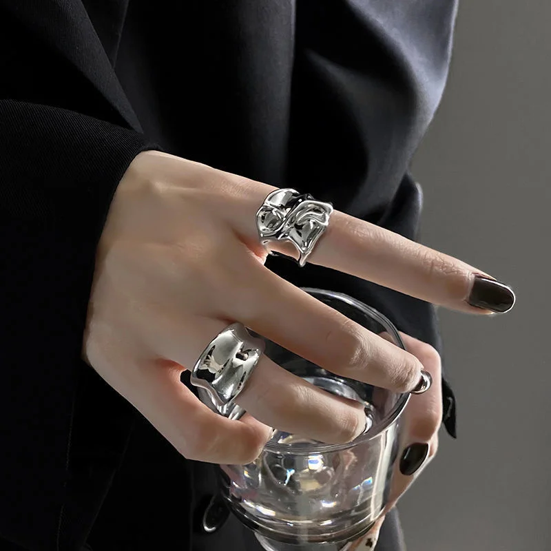 2025 Fashion Style Women's silver stainless steel unusual metal geometric opening ring, 2 pieces._voghion.com