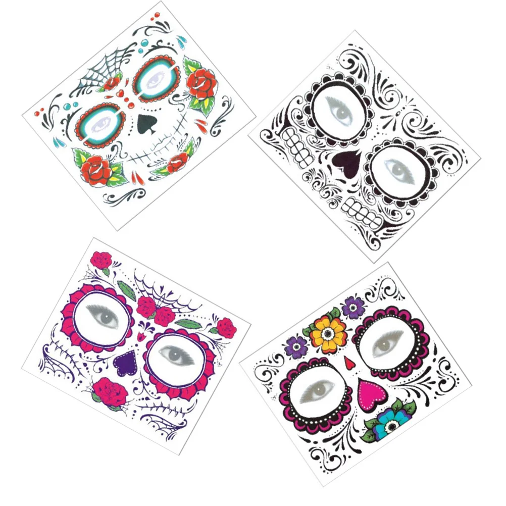 

4Pcs Temporary Tattoos Makeup Day of the Dead Floral Web Full Stickers for Mexican Party Festival
