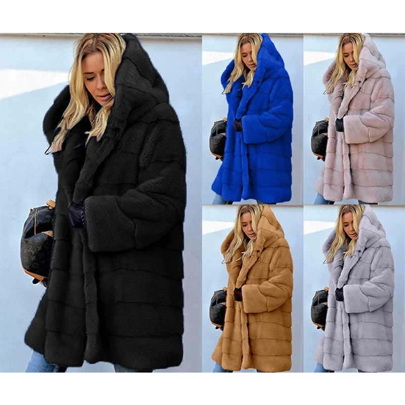 Women Autumn Winter Mid Length Solid Color Loose Plush Hooded Coat