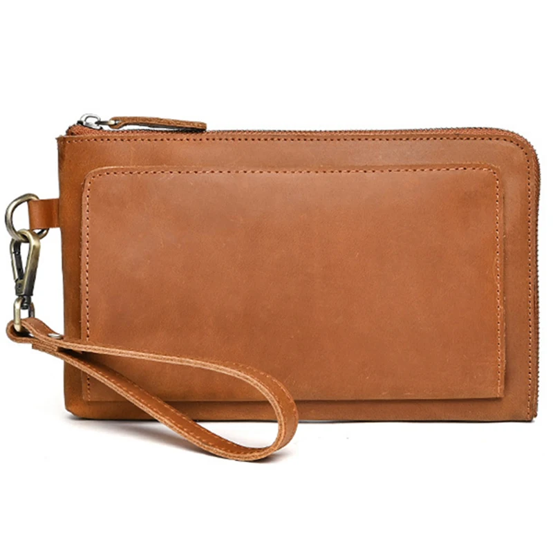 

Genuine Leather Men Clutch Bag Long Wallet Retro Credit ID Card Holder Male Oil Wax Cowhide Purses and Handbags Money Wrist Bag