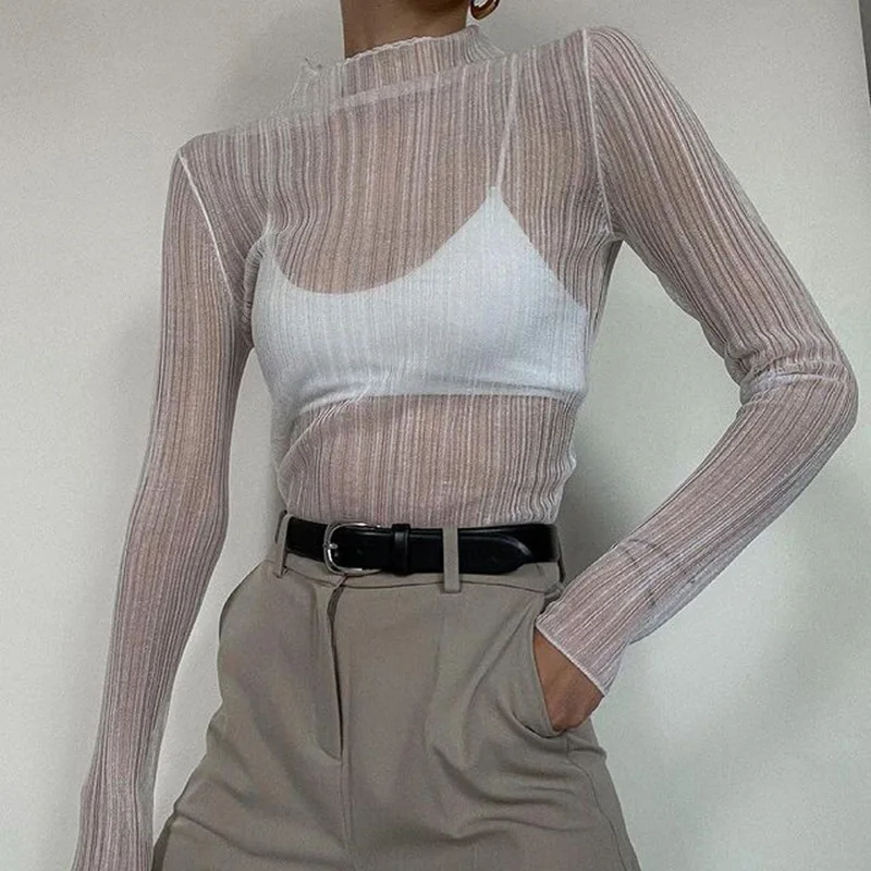 Women Sexy Mesh Sheer Blouse Solid 