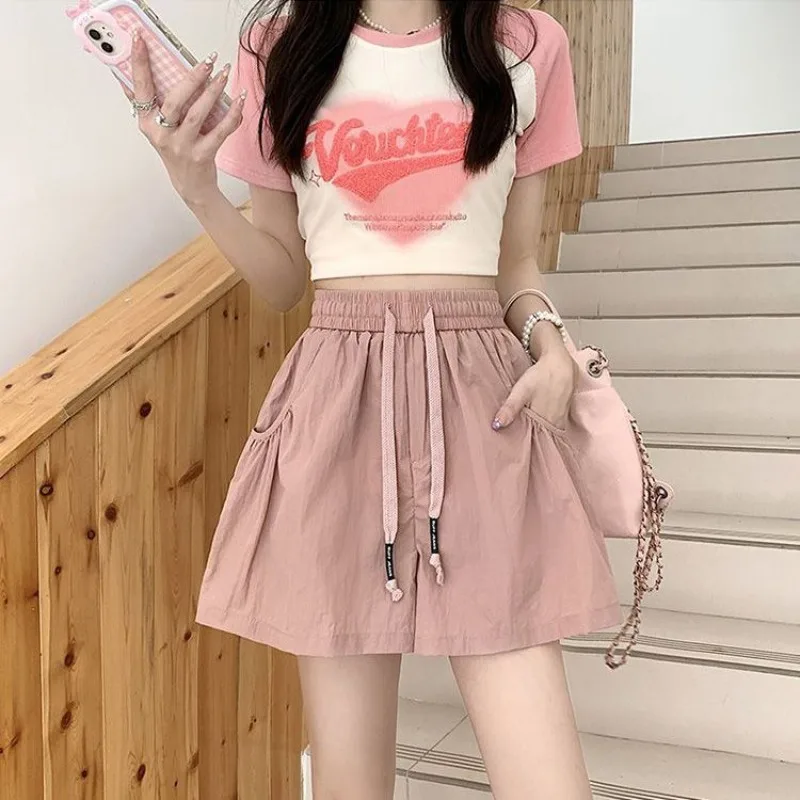 Japanese Sweet Summer Women's 2024 New Patchwork Pocket Drawstring Fashion Solid Color Comfortable All-match Casual Shorts
