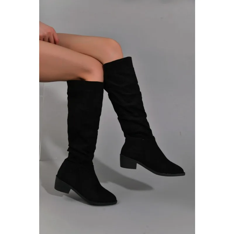 2023 New Women Western Boots Korean Style Autumn Retro Pointed Toe Long Boots Thick Heel Outdoor Hiking Shoes