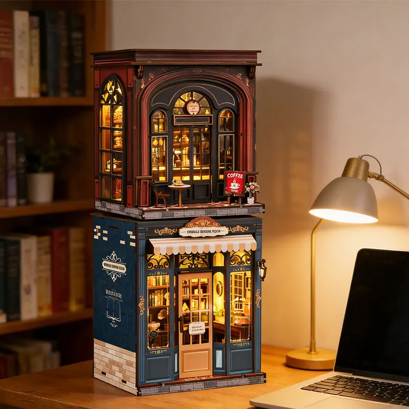 DIY 북눽 키트 LED 조명 미니어처 인형의 집 나무 퍼즐 빈티지 서점 책상 장식 책 사랑하는 사람을 위한 창의적인 선물