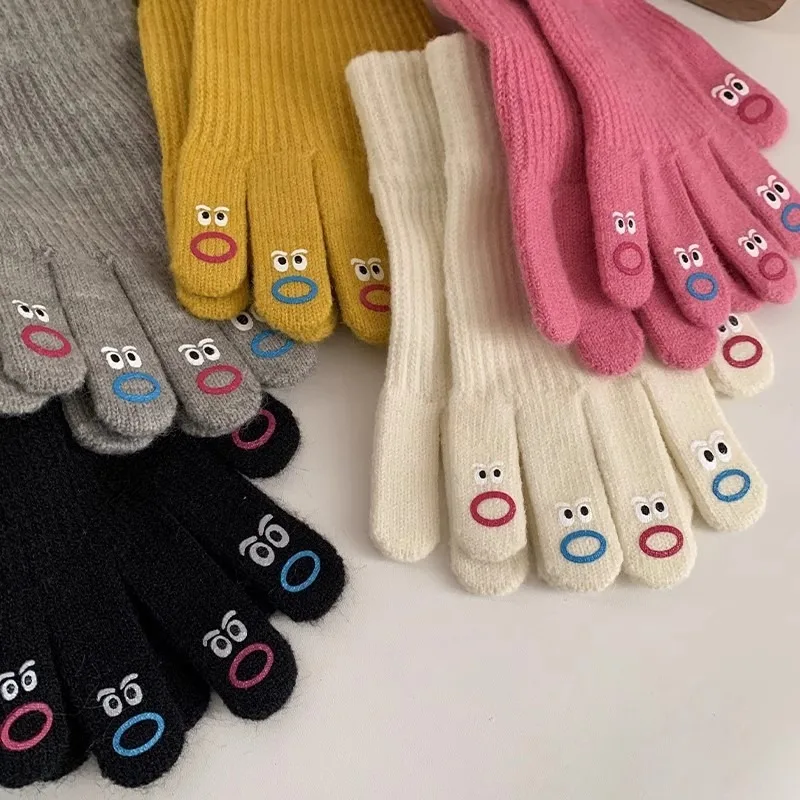 

New Cute Cartoon Knitted Acrylic Gloves Women's Autumn and Winter Finger Touch Screen Warm and Cold Riding Finger Gloveses