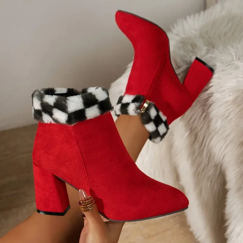 

Spring, autumn, and winter new woolen short boots with thick heels, high heels, suede plaid, and cotton for women's boots