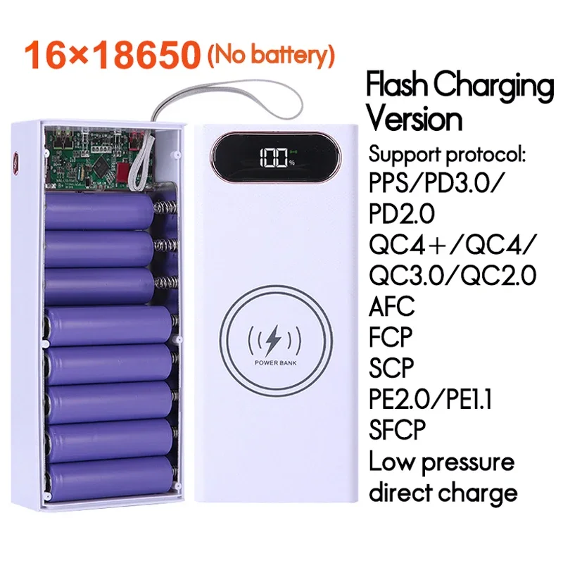 Power Bank Battery Storage Box Power Bank Case Battery Power Bank Box Wireless Power Bank QC3.0 PD 20W Flash Charging Detachable Power Bank Case 12/16 18650 Batteries Type C With Wireless 15W Charge Storage Box