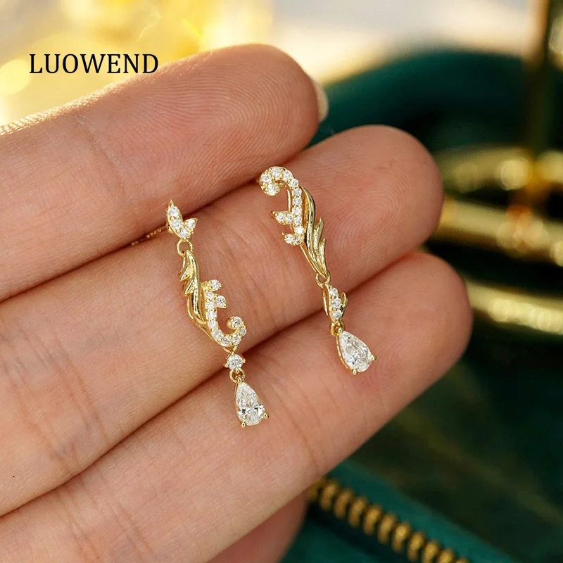 

Серьги LUOWEND из желтого золота 18 карат, винтажные Роскошные Дизайнерские серьги-подвески с натуральными бриллиантами 0,44 карат для женщин, ювелирные изделия