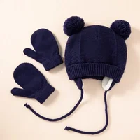 Cute Knitted Pompom Baby Hat Thick Warm Girl Boy Beanie Winter Ear Warm Cap Set Kids Gloves Hats Bonnet Muts For Newborn 2