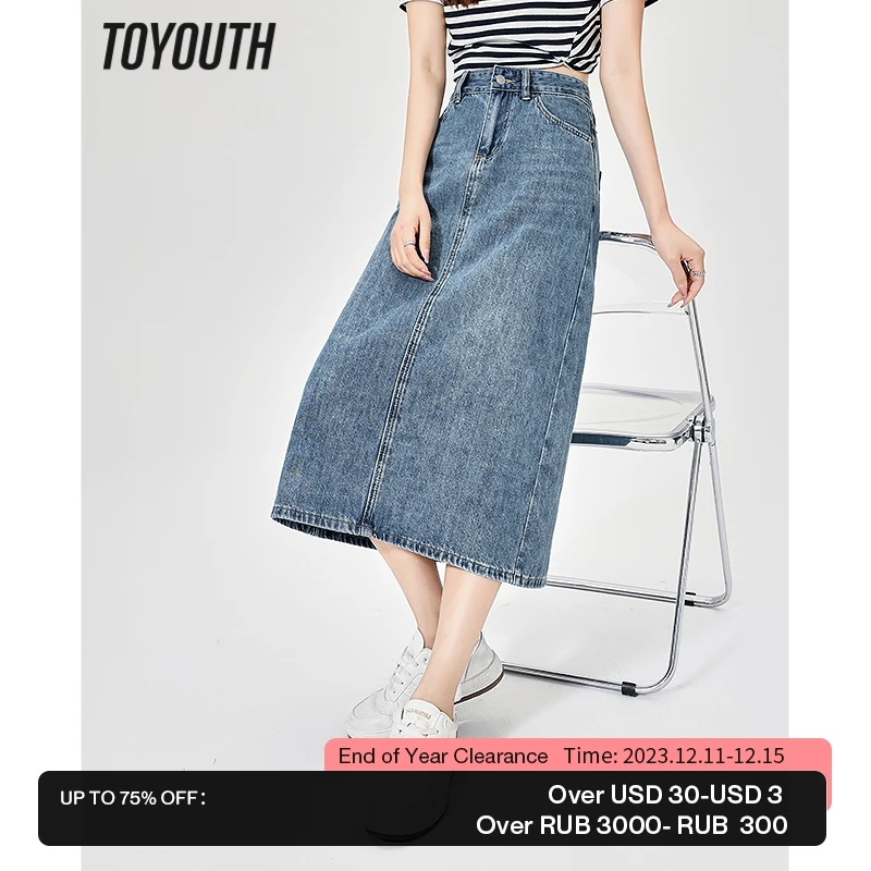 

Toyouth Women Denim Skirt 2023 Summer A-Shaped High Waist Slim Washing Process Split Hem Casual Chic Fashion Mid-length Skirt