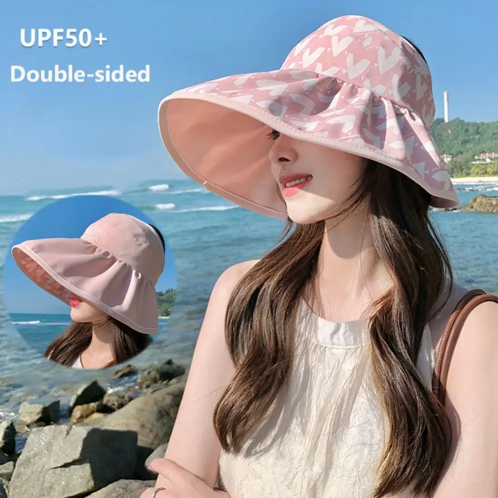 

Foldable Women Sun Hat Fashion Double-sided Anti UV Sunscreen Bucket Hat Big Brim Sun Protection Empty Top Beach Cap