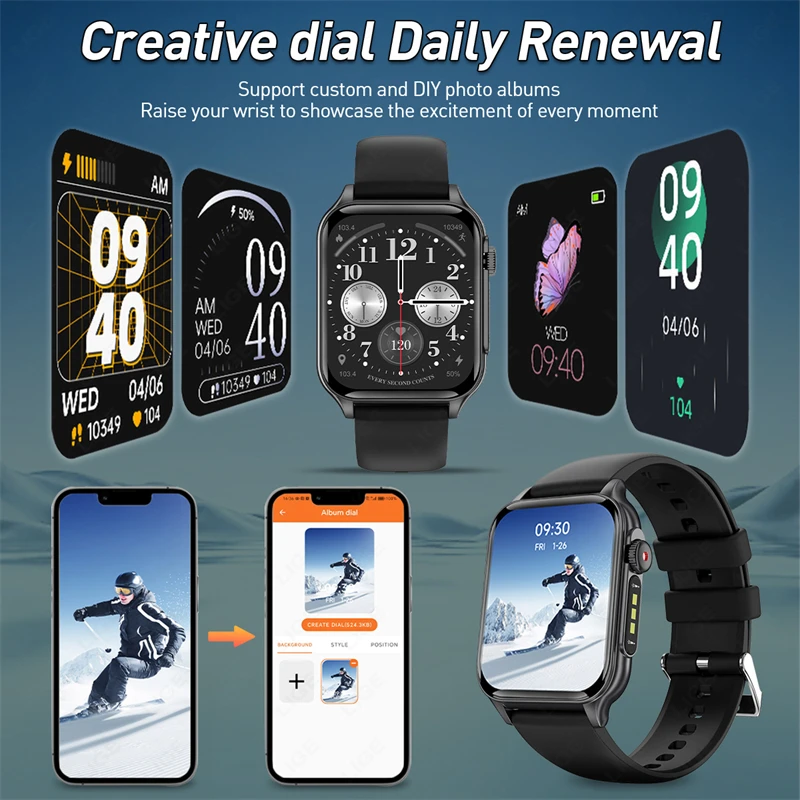 New 1.96"Smart Watches Men Women LED Flashlight 3ATM Waterproof Sport Watch Fitness Tracker Heart Rate Monitoring Smartwatch Man