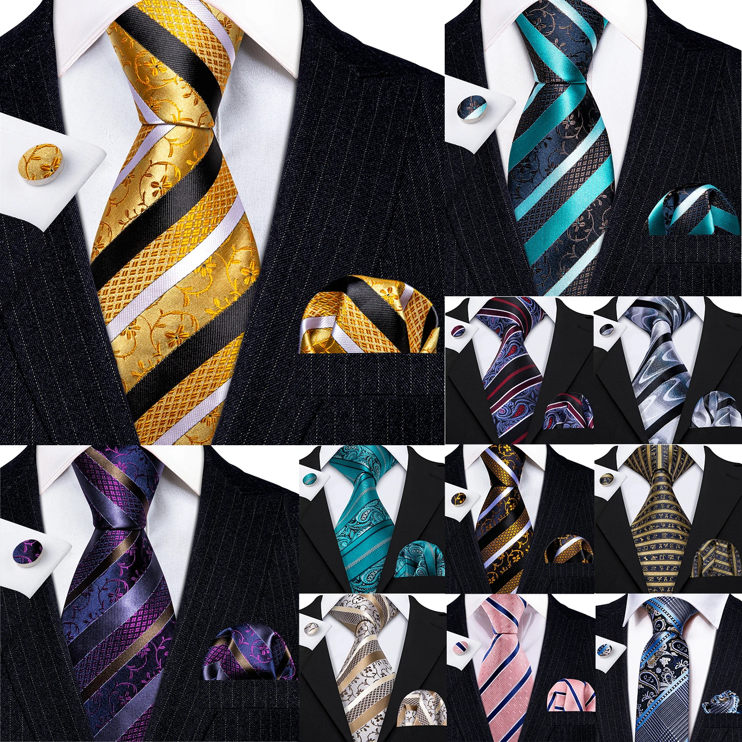 Blumen- und Streifenmuster Herren Krawatte Einstecktuch Manschettenknöpfe Set Stilvolle Jacquard-Krawatte für Herren Hochzeit Geschäft Party Trauzeuge