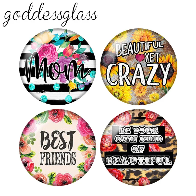 

New Flower Patterns Quotes "Mom Friends" 10pcs 12mm/18mm/20mm/25mm Round photo glass cabochon demo flat back Making findings