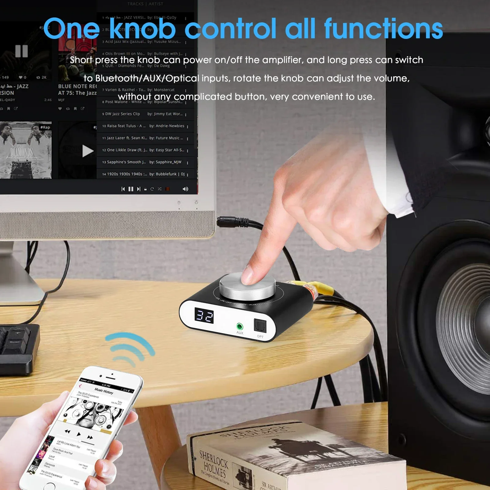 Nobsound Q10 Mini Digital AUX/Optical Amplifier Bluetooth 5.0 Receiver HiFi Class D Desk Power Amp 100W+100W 5