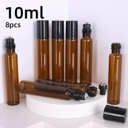 Premium 8 - Piece Set of 10ml Brown Glass Roller Bottles with Steel Ball for Essential Oils and Perfumes (10ml  brown)