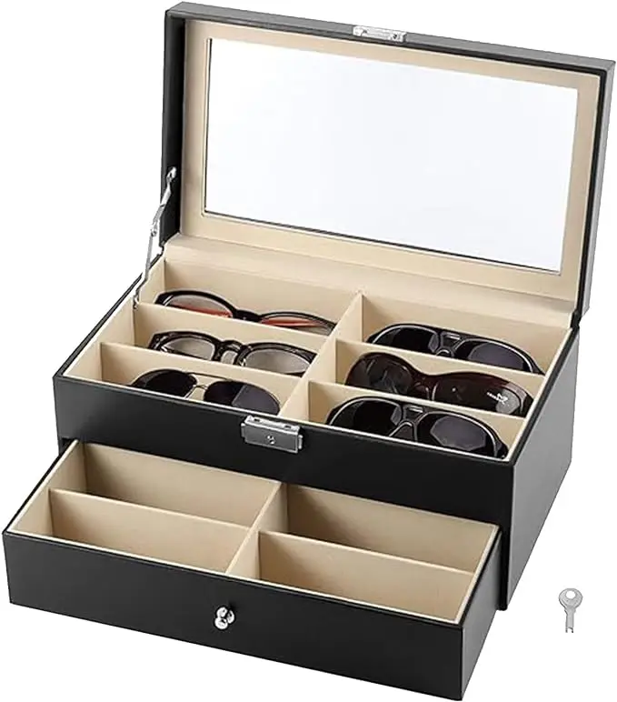 

12 Slots 2 Layer Sunglass Organizer, Black Eyewear Storage Box for Women and Men, Lockable Drawer Collection Holder PU Leather S