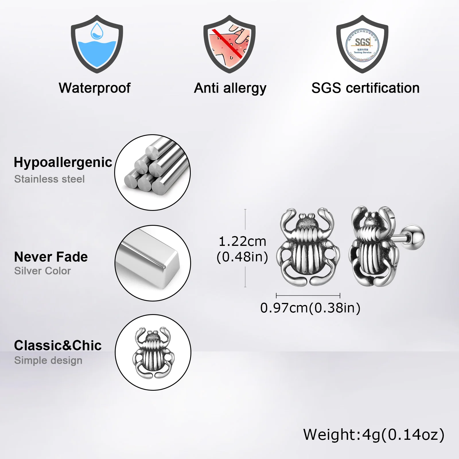 Scarab Beetle Cartilage Stud Earring,Anti Allergy Insect Stud Earring,Helix Earlobe Labret Piercing Earring